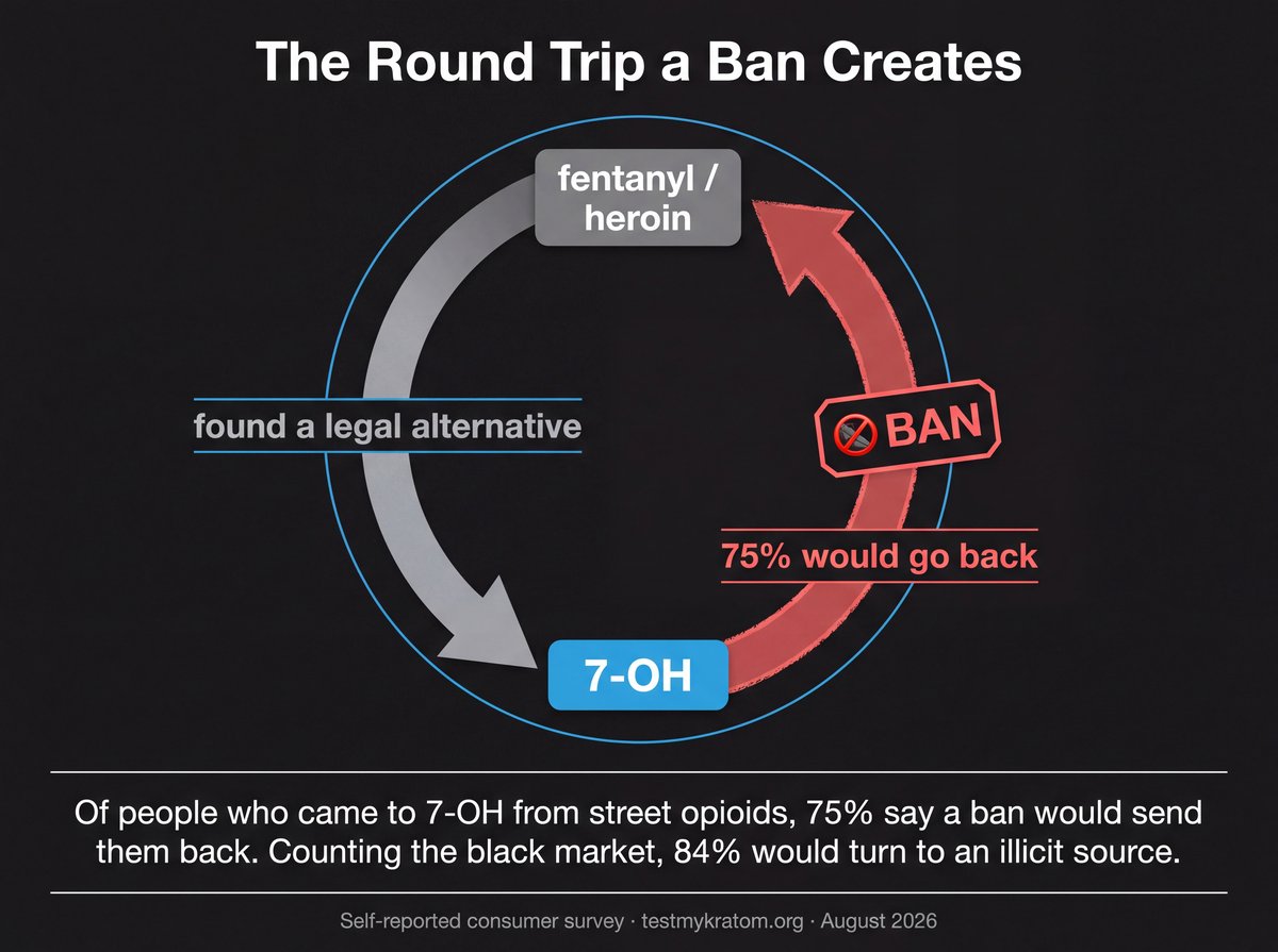 The round trip a ban creates: people moved from fentanyl or heroin to 7-OH after finding a legal alternative. A ban sends 76% of them back.